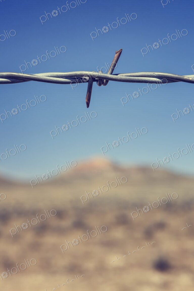 Close-up of a barbed wire fence with sharp focus on the twisted metal against a…