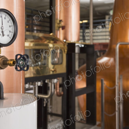 Close up of a copper still in a distillery, Washington, USA.