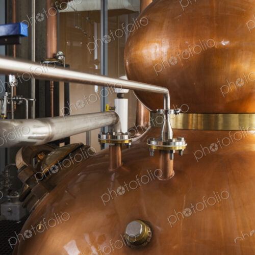 Close up of a copper still in a distillery, Washington, USA.