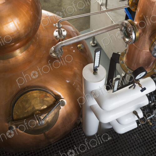 Close up of a copper still in a distillery, Washington, USA.
