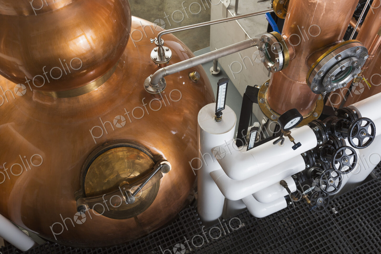Close up of a copper still in a distillery, Washington, USA.