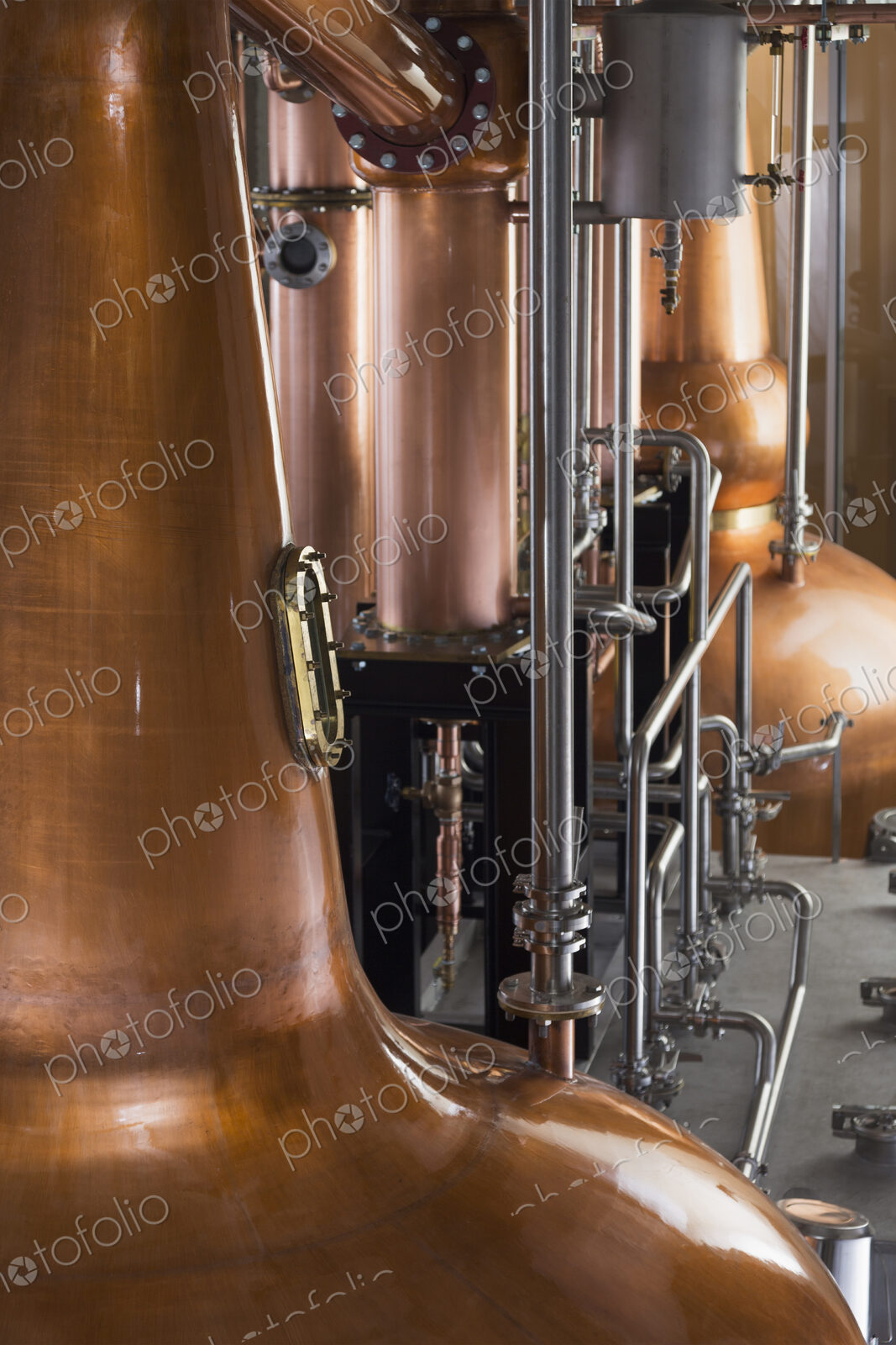 Close up of a copper still in a distillery, Washington, USA.