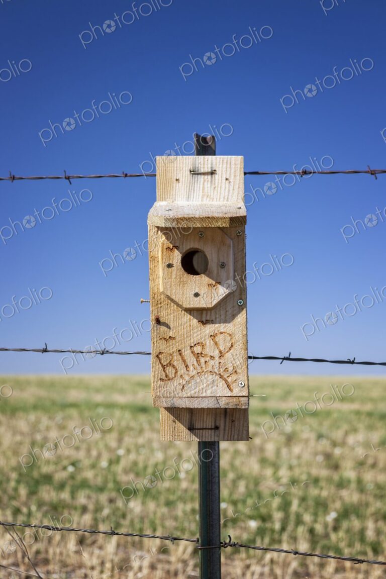 Close-up of a handmade wooden birdhouse mounted on a rural fence post with barbed…