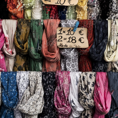 Close up of a large selection of colourful scarves at a market stall. Close up of a large selection of colourful scarves at a market stall.