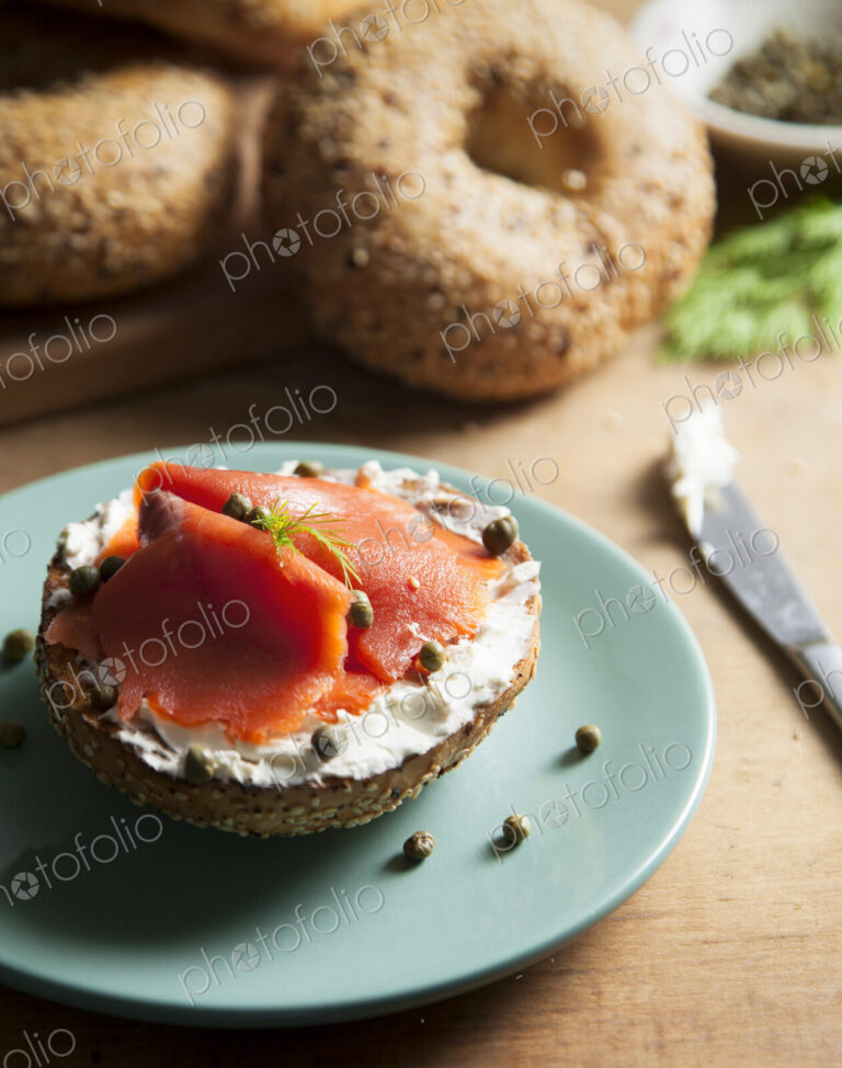 Close up of bagel with cream cheese and lox