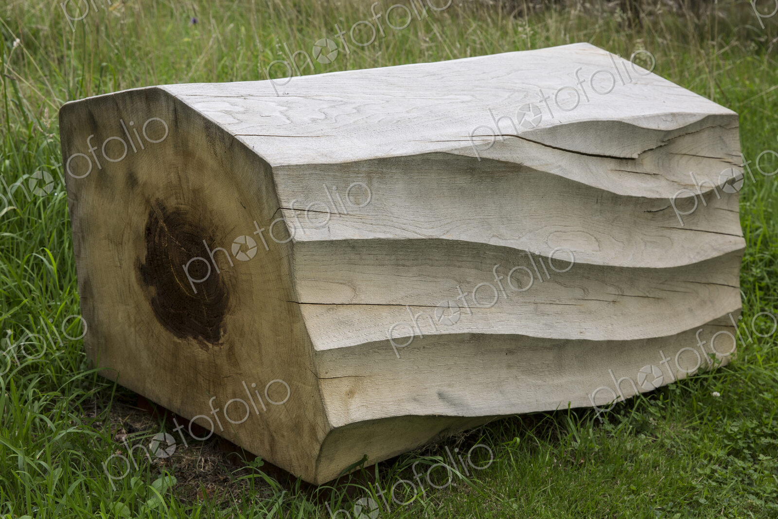 Close up of carved piece of tree trunk with wave pattern lying on grass.