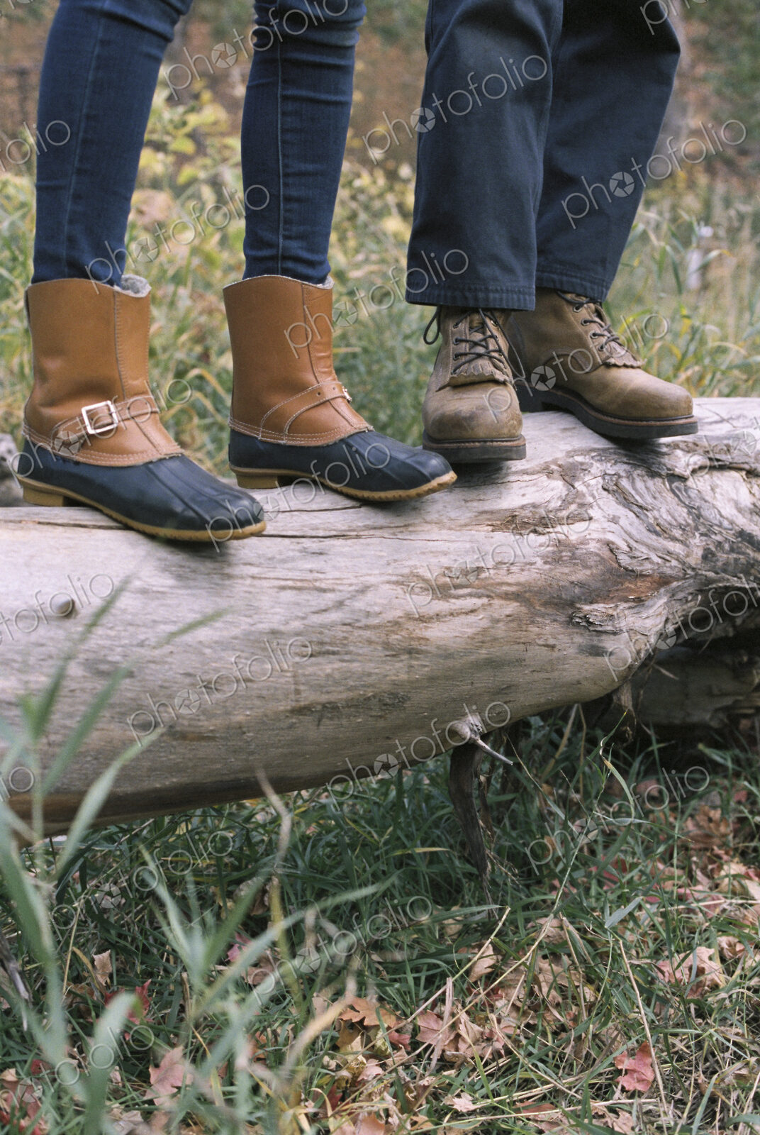 Close up of couple standing side by side on a tree trunk.