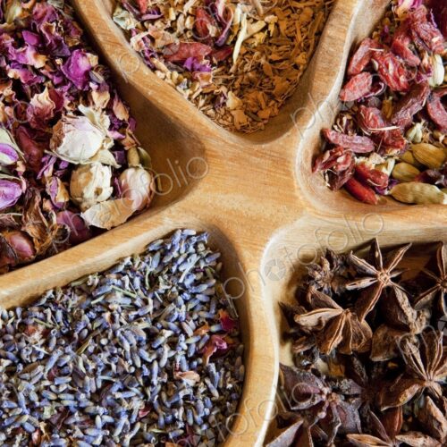 Close-up of dish with dried flowers, nuts and seeds in an apothecary shop Close-up of dish with dried flowers, nuts and seeds in an apothecary shop
