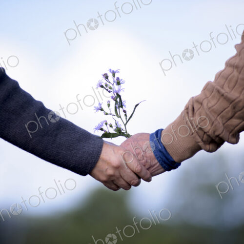 Close up of elderly man and woman standing outdoors, holding hands. Close up of elderly man and woman standing outdoors, holding hands.