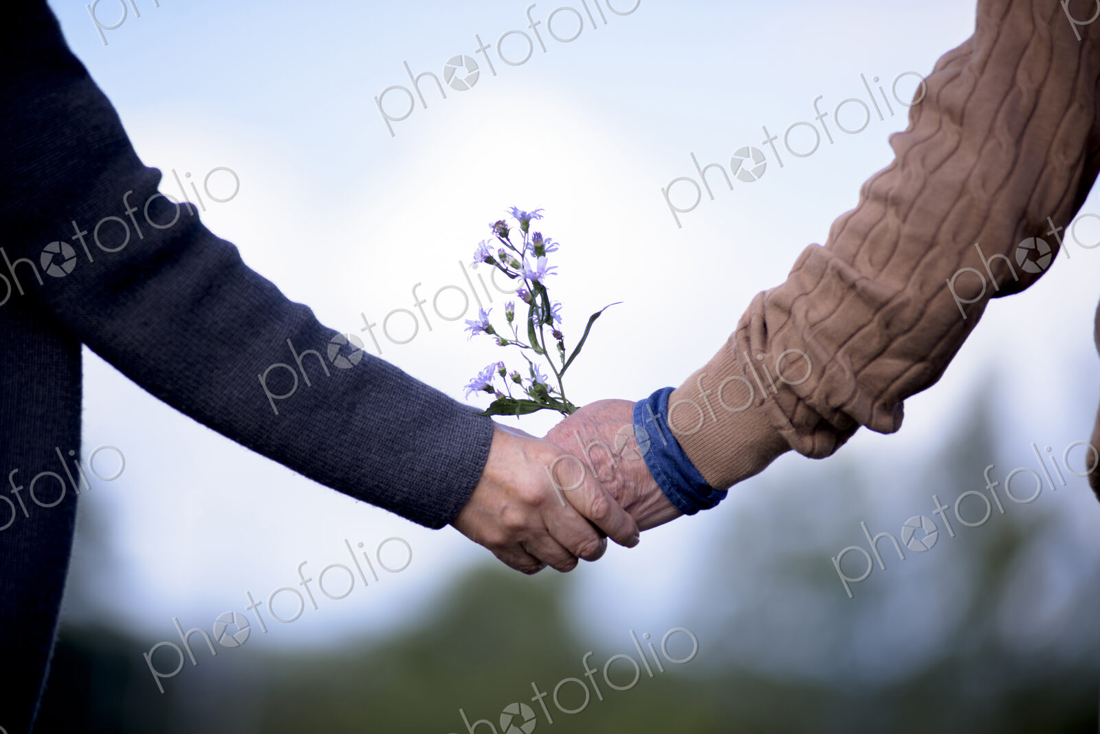 Close up of elderly man and woman standing outdoors, holding hands.