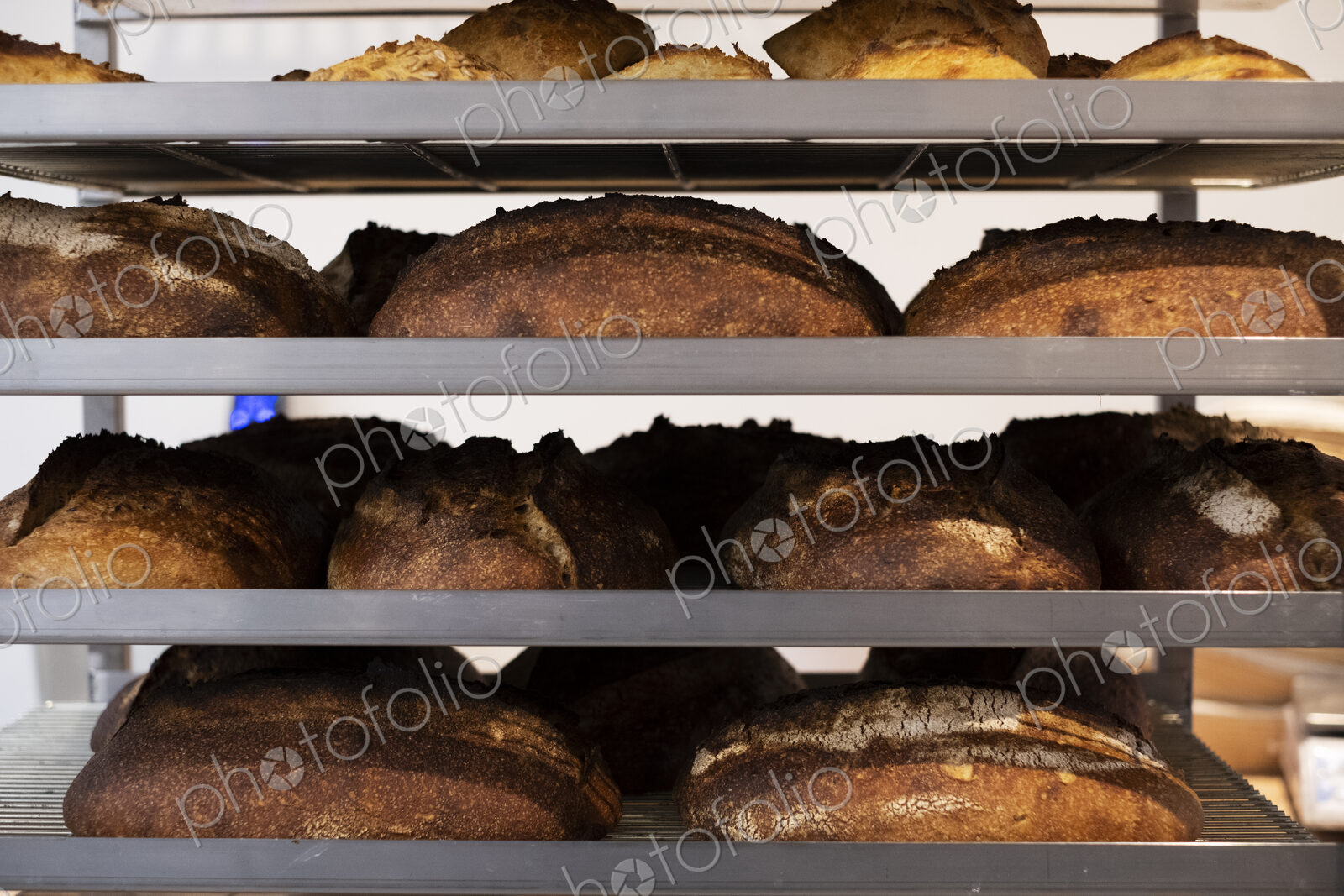 Close up of freshly baked loaves of bread on trolley shelves in an artisan bakery.