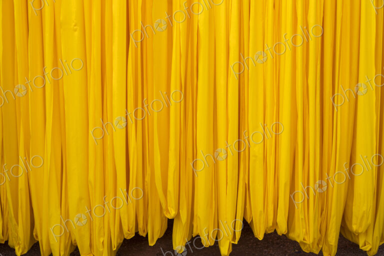 Close up of freshly dyed bright yellow fabric hanging up to dry.
