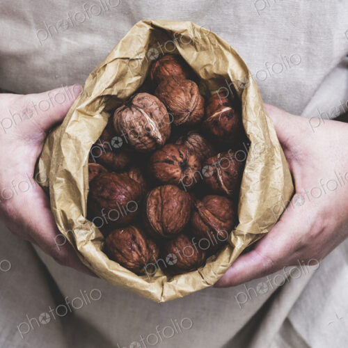 Close up of person holding brown paper bag with fresh walnuts. Close up of person holding brown paper bag with fresh walnuts.