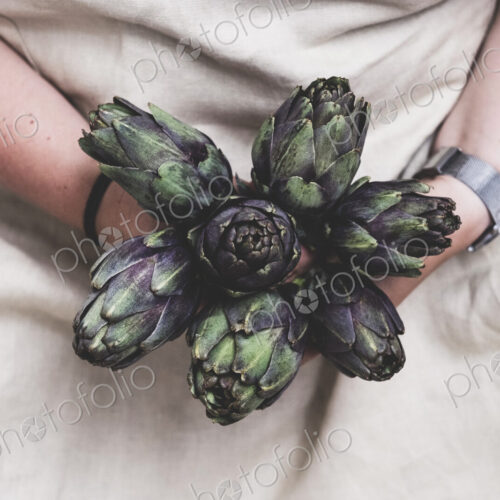 Close up of person holding bunch of fresh artichokes. Close up of person holding bunch of fresh artichokes.