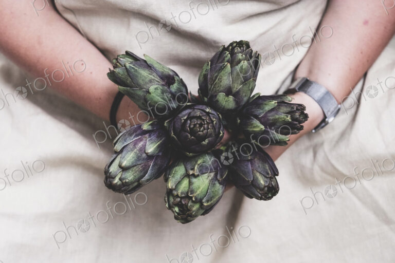 Close up of person holding bunch of fresh artichokes.