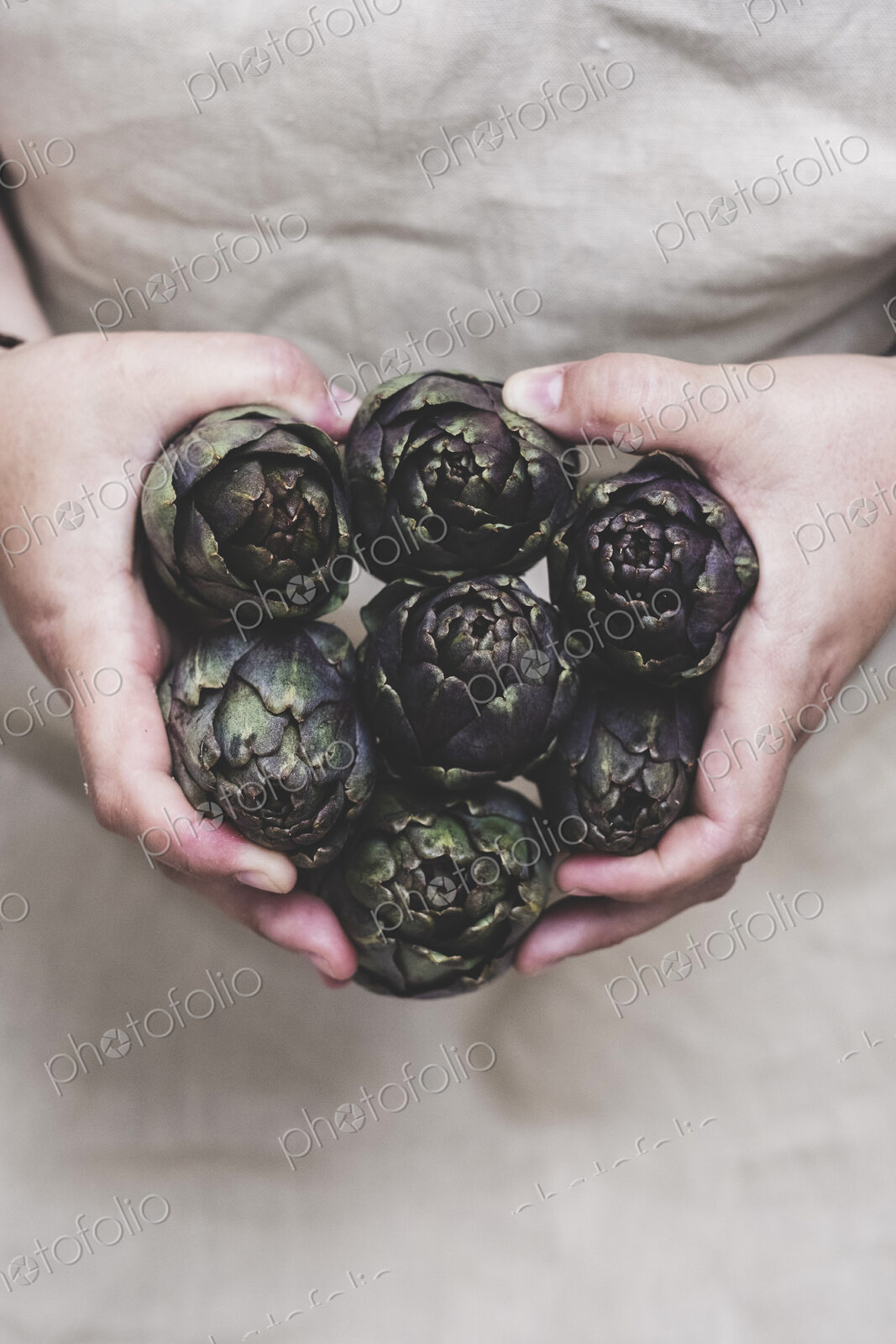 Close up of person holding bunch of fresh artichokes.