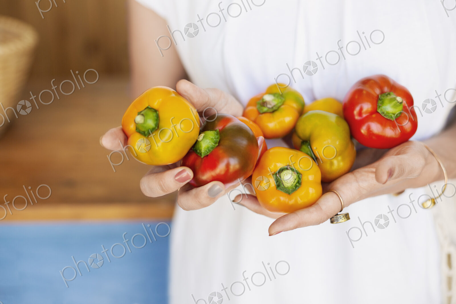 Close up of person holding freshly picked picked red and yellow peppers.