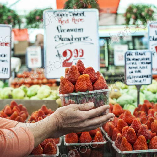 Close up of person holding punnet of fresh strawberries at a fruit and vegetable market. Close up of person holding punnet of fresh strawberries at a fruit and vegetable market.