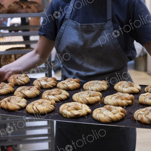 Close up of person holding tray with freshly baked cinnamon buns in an artisan bakery.