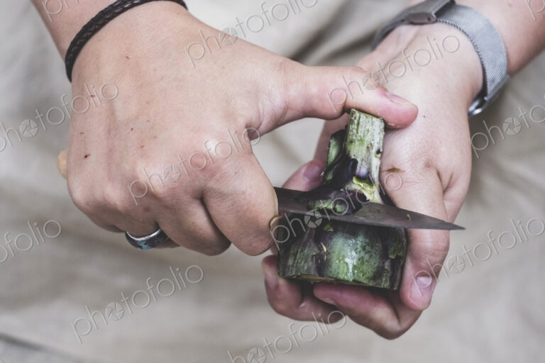 Close up of person peeling fresh artichoke with kitchen knife.