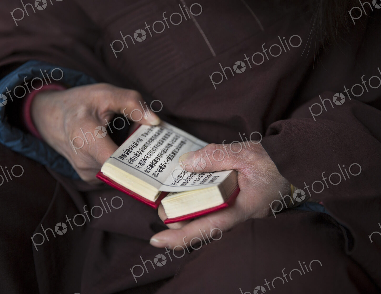 Close up of person wearing purple robe, holding prayer book in hands.