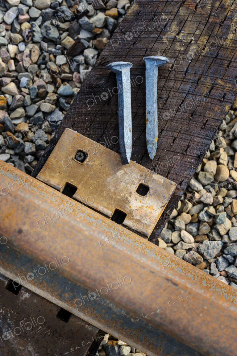 Close up of railroad tracks and rail spikes