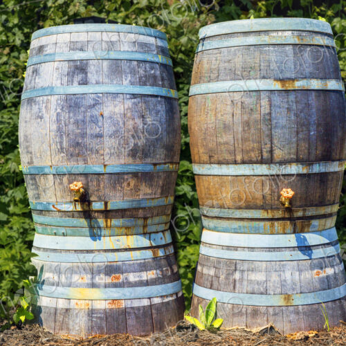 Close up of rain barrels with taps