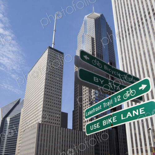 Close up of road signs on Chicago city street, Chicago, United States