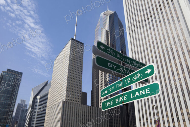 Close up of road signs on Chicago city street, Chicago, United States