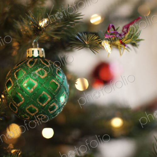 Close up of shiny green and red Christmas tree decorations, Close up of shiny green and red Christmas tree decorations,