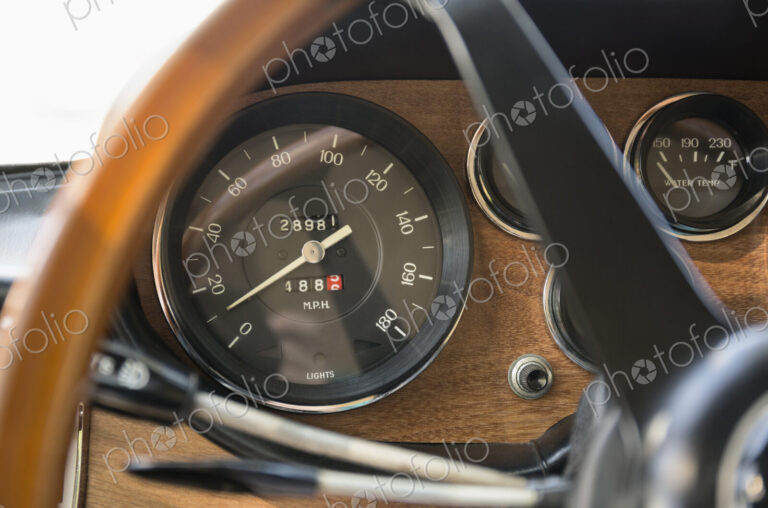 Close up of speedometer in retro Ferrari dashboard