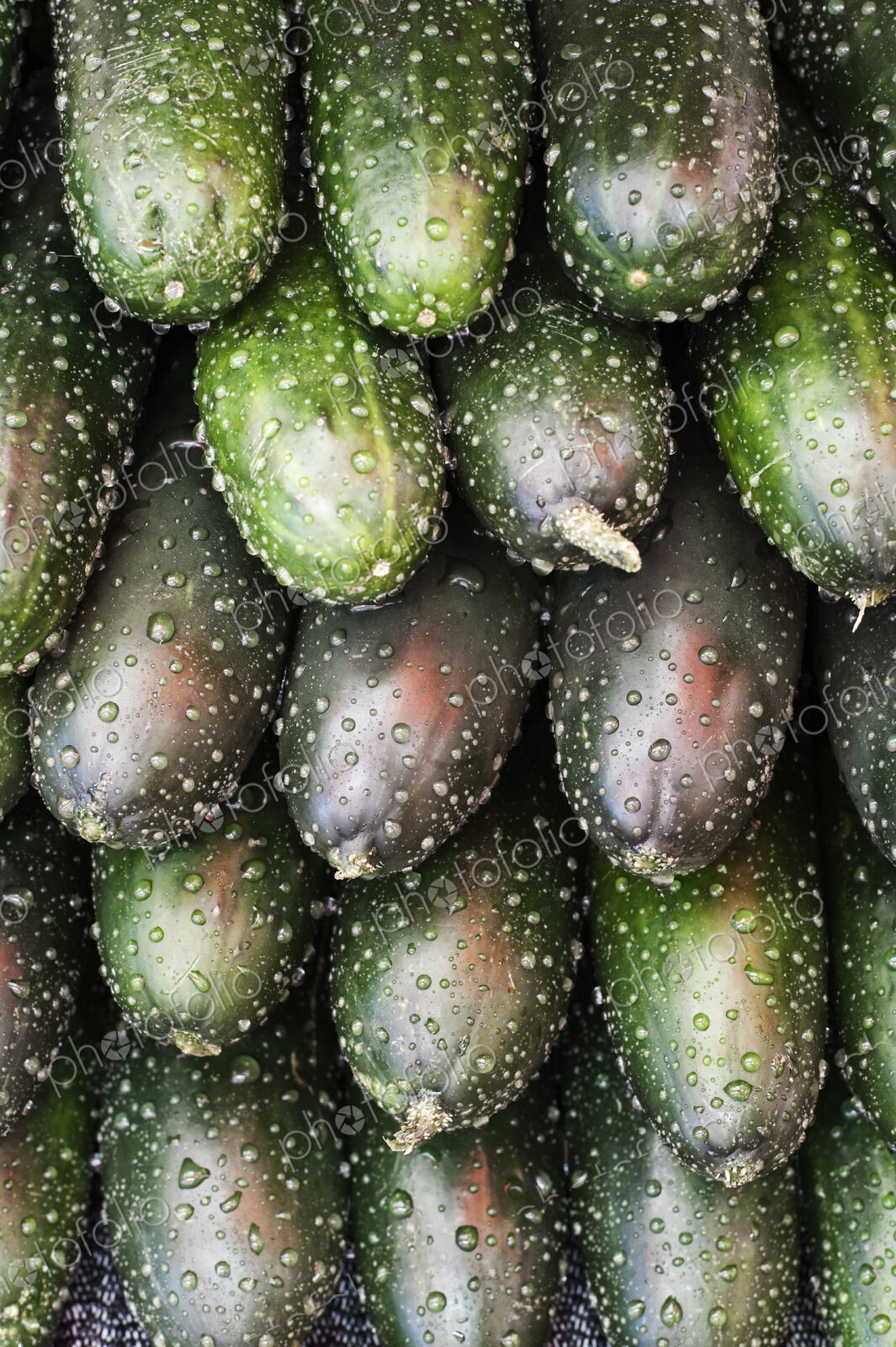 Close up of stack of fresh cucumbers at a fruit and vegetable market.