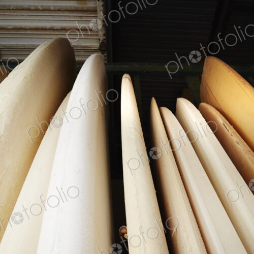 Close up of surfboards in store.