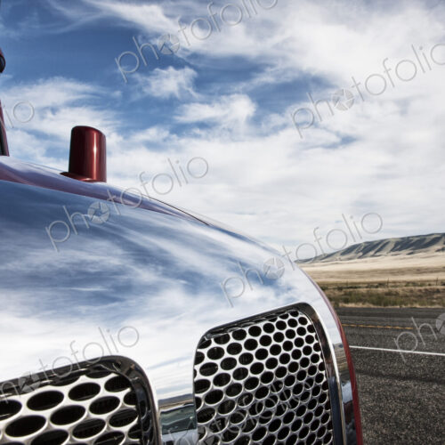 Close up of the nose and grill on a commercial truck