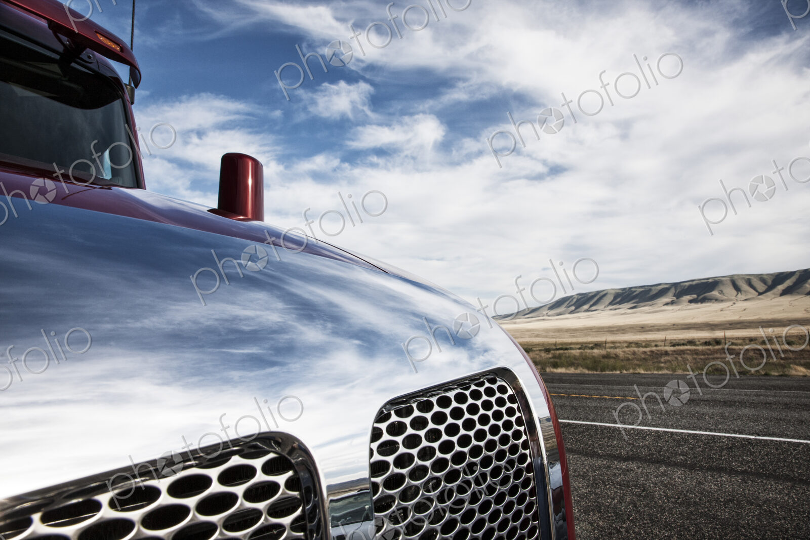 Close up of the nose and grill on a commercial truck