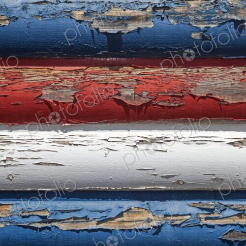 Close-up of weathered red, white, and blue paint peeling off wooden boards, evoking…