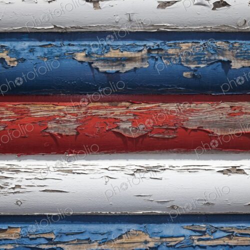 Close-up of weathered red, white, and blue paint peeling off wooden boards, evoking…
