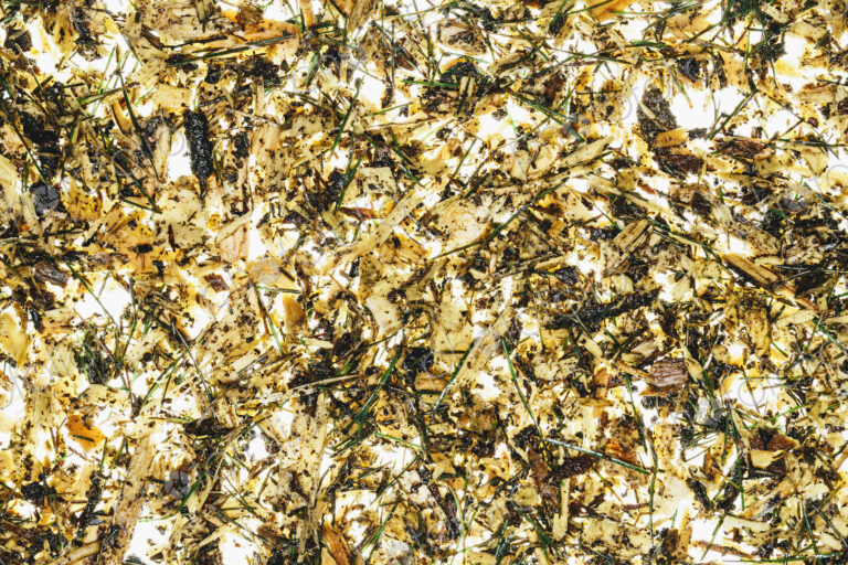 Close up of wood chips, pine needle and organic garden mulch