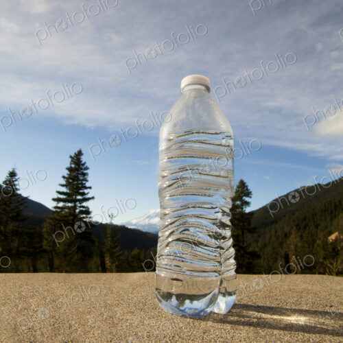 Close up view of bottle of water, Mount Rainier National Park.