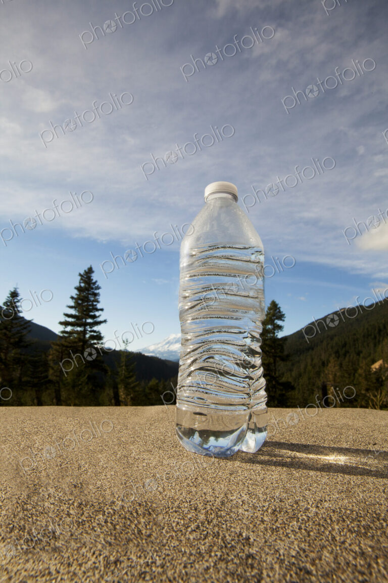 Close up view of bottle of water, Mount Rainier National Park.
