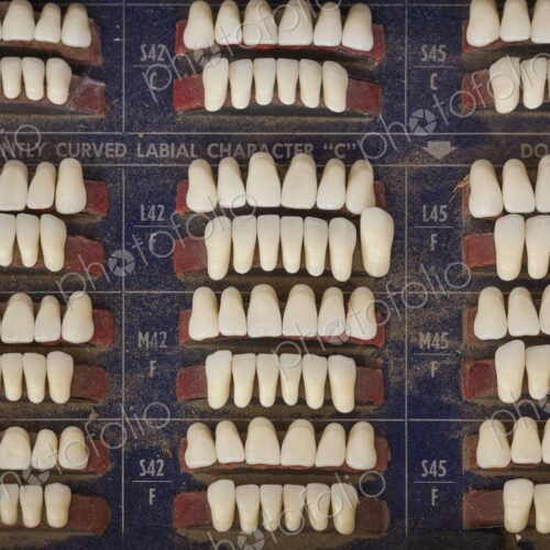 Close up view of rows of replacement teeth on a worn shade board in an old time…