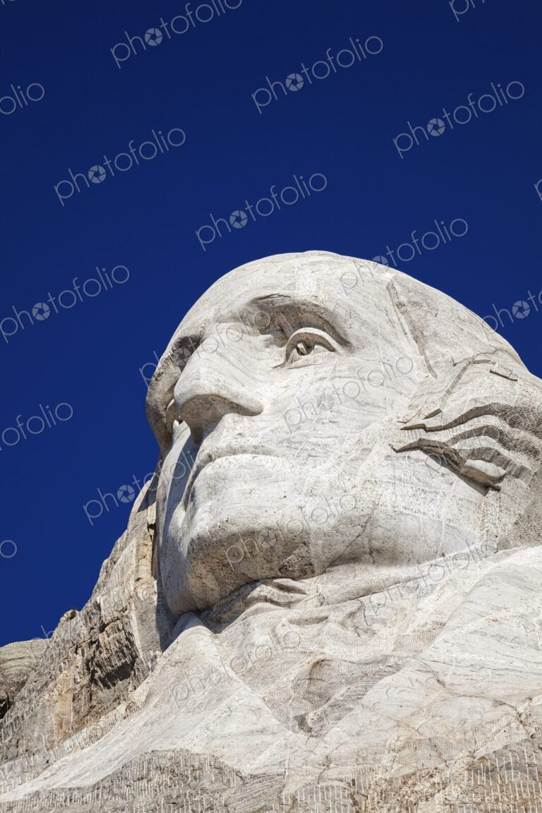 Close view of George Washington carved in granite at Mount Rushmore National Memorial…