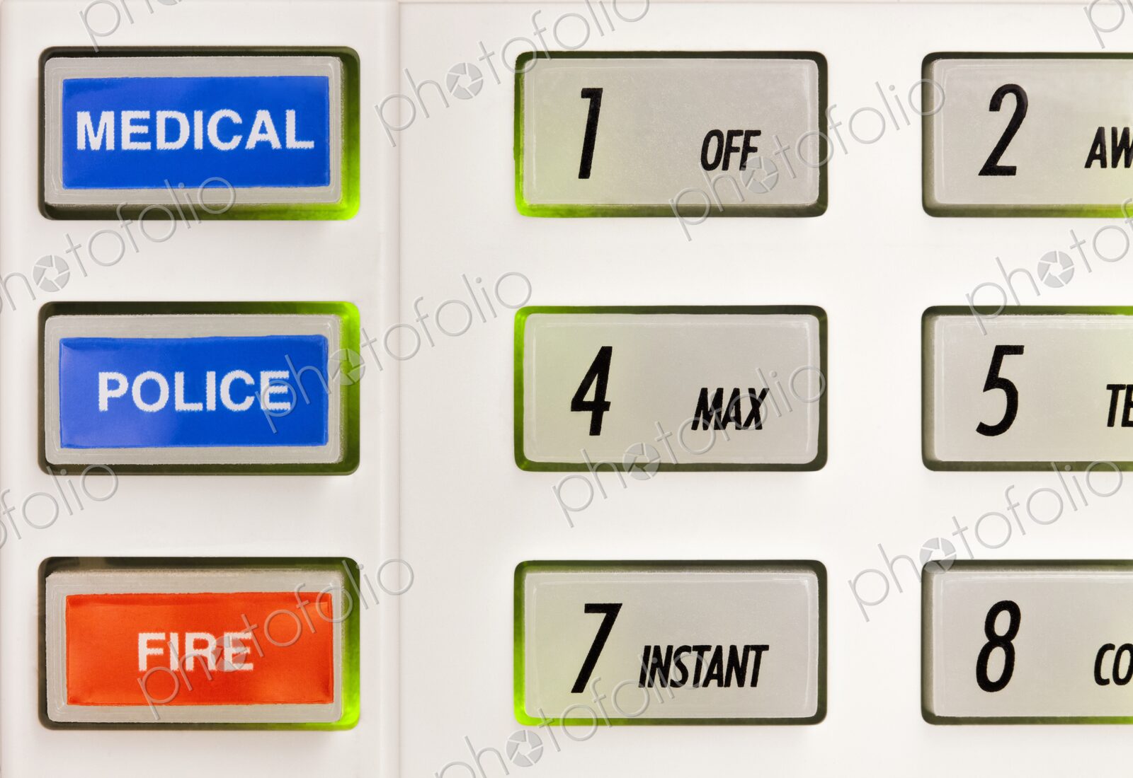 Closeup of buttons on alarm keypad with markings for numbers, medical, police, and fire.