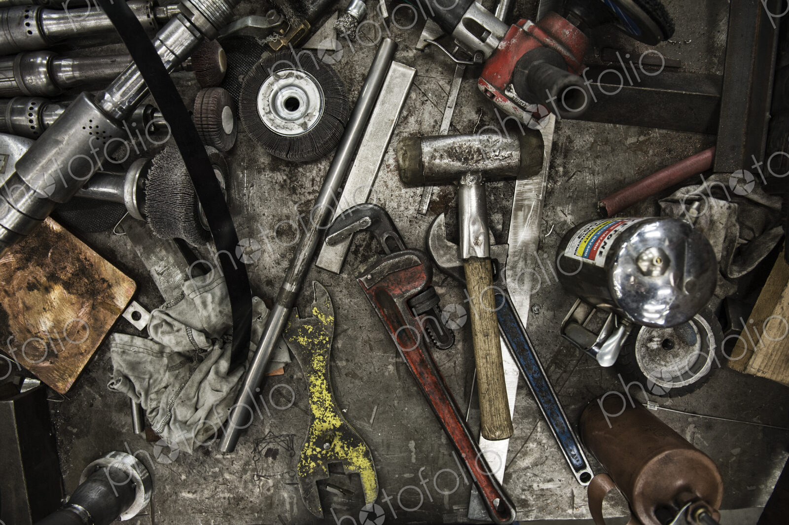 Closeup still life of tools used in a sheet metal factory.