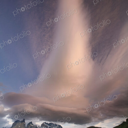 Cloud formations in the skies above the Torres del Paine National Park in Chile.…