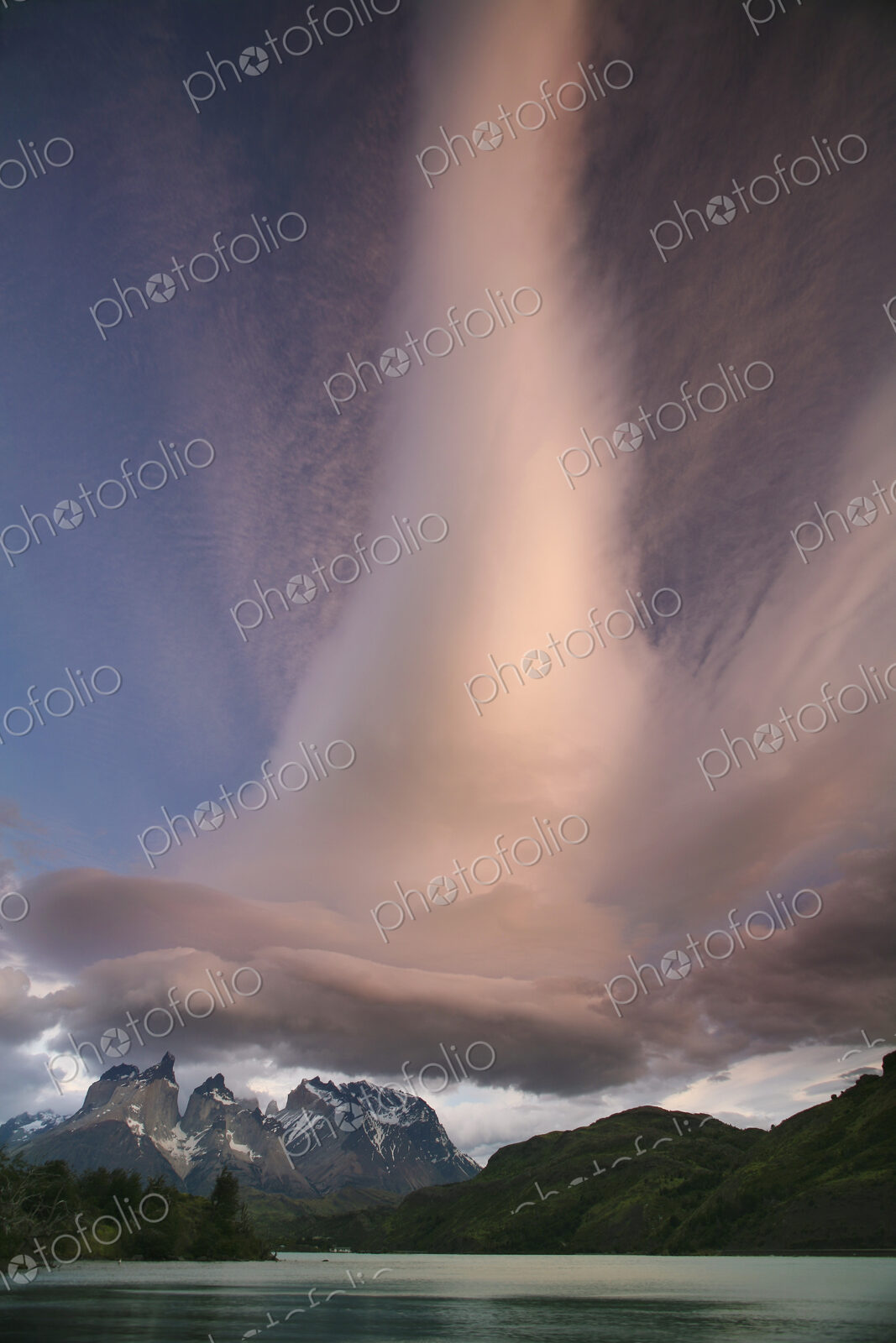 Cloud formations in the skies above the Torres del Paine National Park in Chile.…