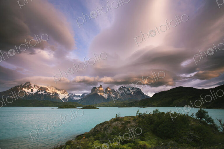 Cloud formations in the skies above the Torres del Paine National Park in Chile.…