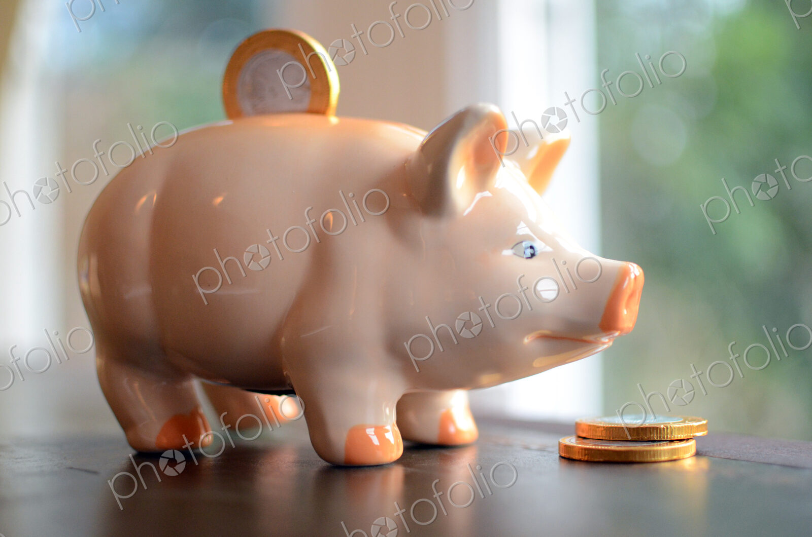 Coin in slot of piggy bank