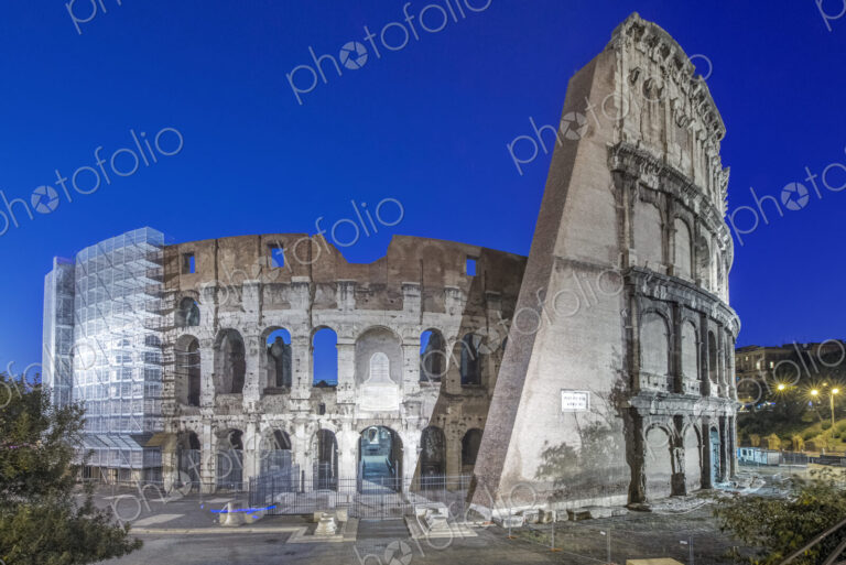 Coliseum ruins illuminated at night, Rome, Italy