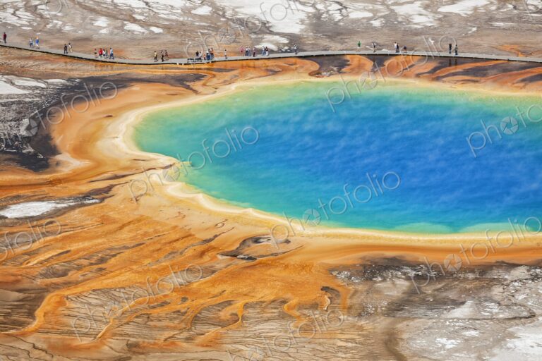 Colorful Grand Prismatic Spring in Yellowstone's Midway Geyser Basin with vivid…